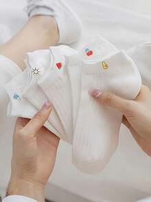 5双随机白色女士简约休闲袜子，卡通水果图案，适合日常穿着