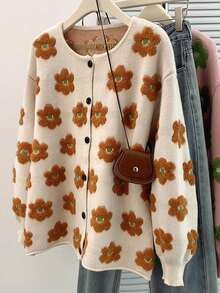 Ladies' Fashion Knit Cardigan - Round Neck, Floral Embroidery & Button Front, Casual Loose Fit