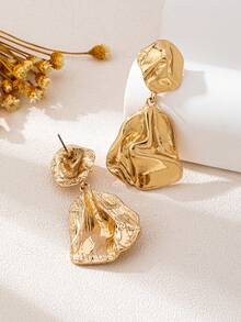 1 Đôi bông tai bất đối xứng họa tiết thời trang, phong cách tối giản, đa năng, thích hợp đeo hàng ngày - Vàng - Xem 4