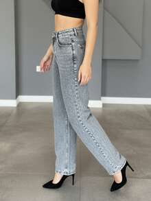 Damen Lässig Lang Weite Bein Jeans mit Schnurrbart Stickerei, Reißverschluss & Knopfverschluss, geeignet für formelle Abendgarderobe