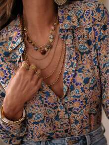 印花前开襟纽扣轻薄长袖衬衫，适合秋冬季休闲穿着 - 彩色 - 查看 5