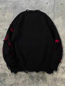 ANDREILEE Men's Casual Loose Fit V-Neck Pullover Sweater, Distressed Black Long Sleeve, Versatile Street Style, Suitable For Spring, Autumn, Winter - Black - View 3