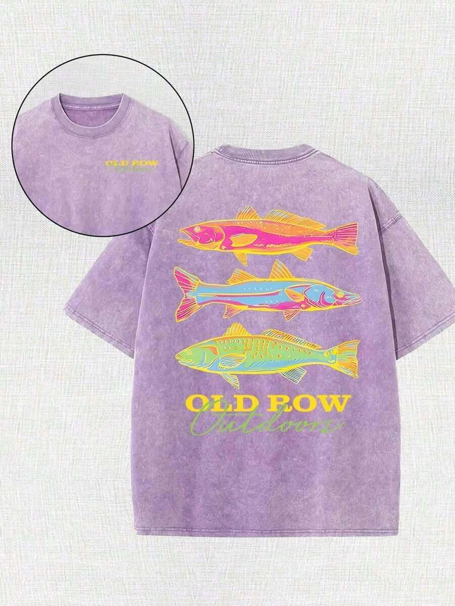 Casual Summer Washed Cotton T-Shirt [Old Row Outdoor] Fish Print, Round Neck, Short Sleeves, Lightweight Cotton Knitted Fabric, Casual Summer Round Neck Shirt| Rib Details. - 紫色 - 查看 1