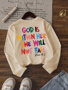 1件少女休闲彩色印花圆领长袖T恤，秋季学生少女服装 - 这款色彩鲜艳的印花T恤一定会让孩子们笑容满面。“上帝在她里面，她必不跌倒”情人节服装 - 杏色 - 查看 2