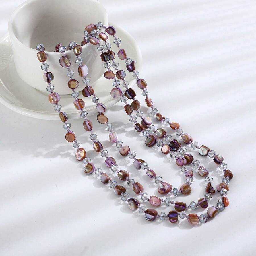 波西米亚海滩风格项链，彩色贝壳串珠长项链，女士款 - 淡紫色 - 查看 1