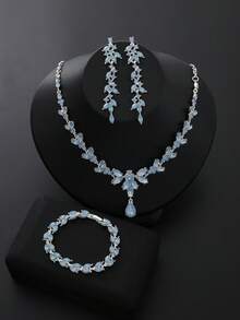 4 Pieces/Set Rhinestone Rhinestone Bridal Bridesmaid Jewelry Set, Elegant Horse Eye Pointy Rhinestone Leaf Necklace Pendant Earrings Bracelet Set, Suitable For Women's Wedding Party Accessories - Baby Blue - View 1
