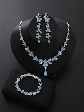 4 件/套水钻新娘伴娘首饰套装，优雅马眼尖头水钻叶项链吊坠耳环手链套装，适合女士婚礼派对配饰