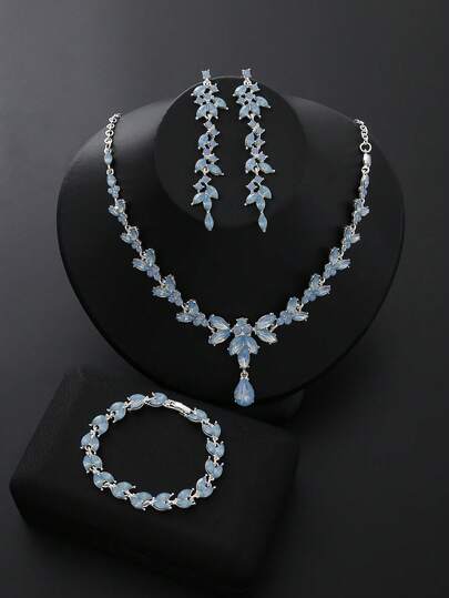 Juego de joyería nupcial y de dama de honor de 4 piezas/set con rhinestones, collar colgante, aretes y pulsera con diseño elegante de ojo de caballo y hoja de rhinestones, adecuado para accesorios de fiesta de boda de mujer