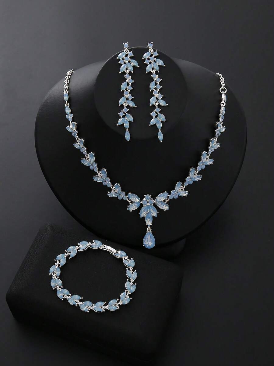 4 Pieces/Set Rhinestone Rhinestone Bridal Bridesmaid Jewelry Set, Elegant Horse Eye Pointy Rhinestone Leaf Necklace Pendant Earrings Bracelet Set, Suitable For Women's Wedding Party Accessories - Baby Blue - View 1