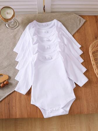 BrownBark 5pcs Newborn Baby Unisex Solid Color Long Sleeve Bodysuit, Soft Cotton Long Sleeve Bodysuits, Suitable For Baby Boys And Girls, Cute And Comfortable Infant For All Seasons