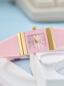 1pc Women's Pink Silicone Strap Quartz Wrist Watch, & Stylish