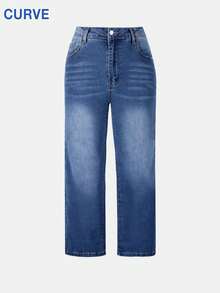 大码女式蓝色口袋休闲直筒牛仔裤，54%棉弹力牛仔布，适合秋冬季穿搭、圣诞节、新年和春节。