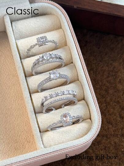 5pcs Minimalist Luxury High-End Fashion Elegant Synthetic Cubic Zirconia Rings Set, Suitable For Party, Wedding, Bride, Holiday Gift For Women (No Gift Box)