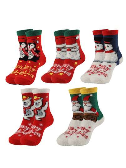 5 أزواج من جوارب الشتاء السميكة المبطنة للنساء بنقوش رجل الثلج والرنة، جوارب منزلية احتفالية للأعياد مانعة للانزلاق حتى الكاحل