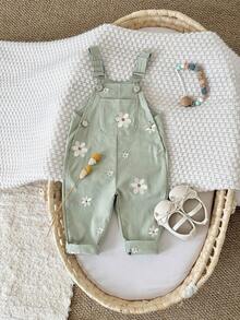 Baby Girls' Casual All-Over Embroidered Floral Light Blue Suspender Pants, Summer