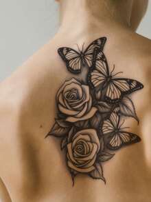 STARTTOOS 1 pieza Tatuaje temporal para el Body con diseño de flor misteriosa y mariposa de color negro para el pecho, la espalda o el brazo - Negro - Ver 7
