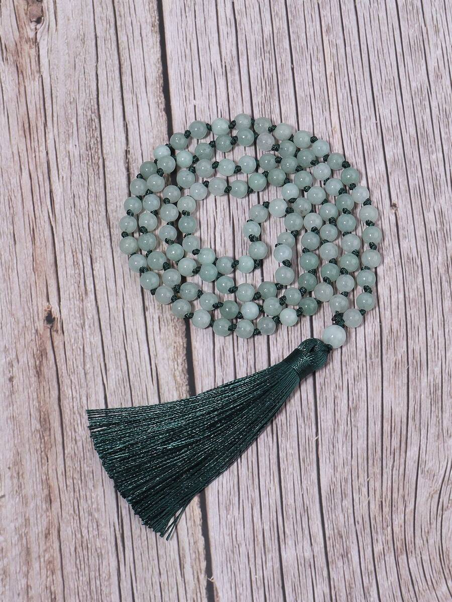 波西米亚风格项链 6 毫米缅甸翡翠流苏吊坠长项链结饰 108 颗念珠冥想念珠瑜伽祈祷饰品 男女皆宜 度假 - 薄荷綠 - 查看 1