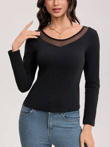 3pcs Ladies' Solid Color Mesh Splicing Neckline High Elasticity Warm Underwear, Soft And Comfortable Warm Base Top, Winter Inner Wear Top Can Also Be Worn As An Outer Base Shirt, Winter Warm Underwear Multi-Color Combination Set - Multicolor - View 4