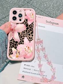 1 pieza Funda de teléfono con estampado de leopardo sexy, lirio y hibisco rosa, con cadena de mariposa con cuentas, compatible con iPhone 16 11 15 14 13 12 Pro Max XR Plus, regalo de Navidad, regalo de moda para mujeres, regalo con estilo