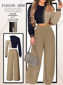 休闲修身印花长袖圆领T恤衬衫搭配梭织直筒裤女士夏季两件套 - 杏色 - 查看 3