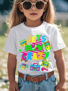 Boys' Retro 80s Neon Graphic T-Shirt - Glowing Cassette Tape & 's Cube Design, Let's Go Crazy 80s Party Outfit, Casual Round Neck Tee For Themed Events & Casual Attire (Machine Washable) - White Base With Neon Colors, Stretchy Comfortable Fabric, Playful Retro Gaming & Pop Culture Graphics, All-Season Wear For Boys - 白色 - 查看 5