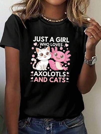 Dam-T-shirts,Women's Casual Short Sleeve Crew Neck T-Shirt - Cute axolotl &amp; Cat Print with "Just a Who Loves axolotls &amp; Cats" Text, Pink Hearts &amp; Geometric Patterns, Soft Breathable Fabric, Regular Fit, Machine Washable, all-Season Comfort,