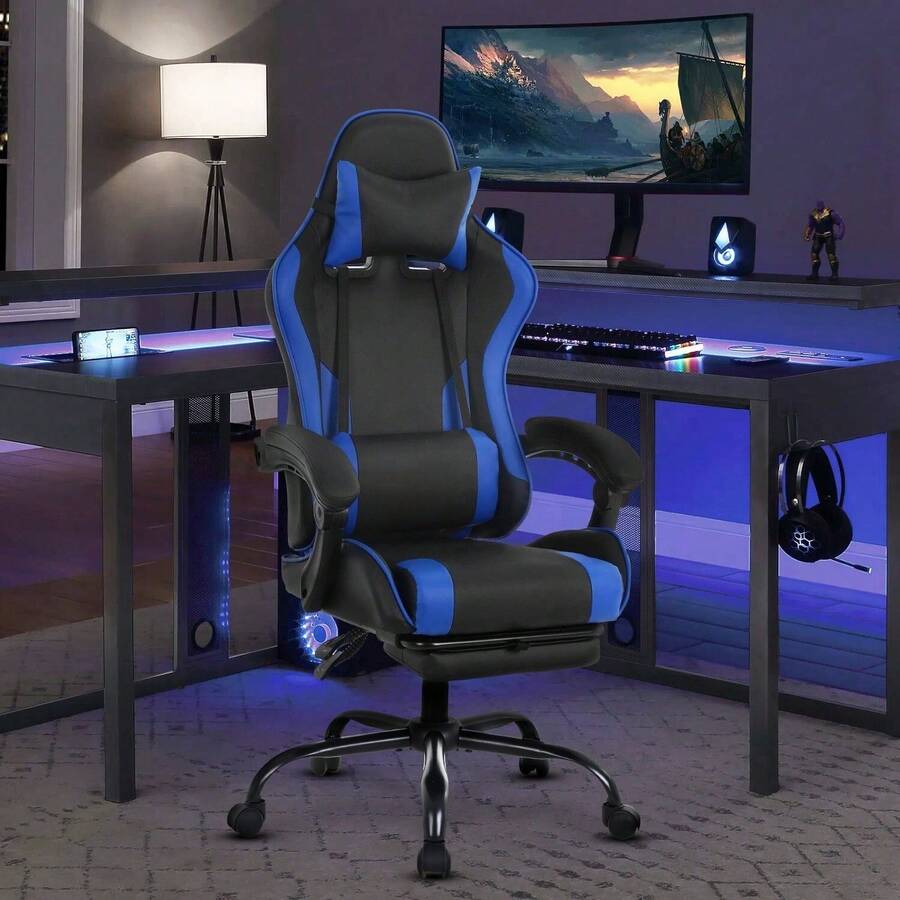 Ergonomic Racing Style Gaming Chair | Computer Desk Chair With Adjustable Lumbar Support | Breathable, Reclinable Design For Long Gaming/Work Hours - 藍色 - 查看 1