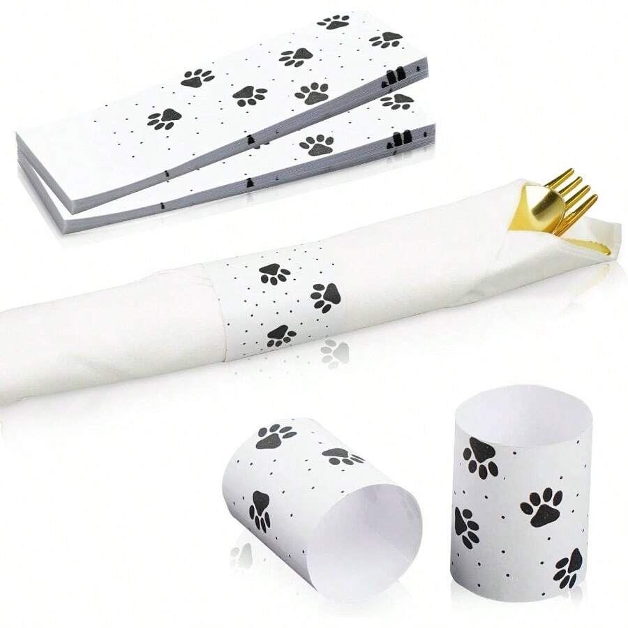 200 Pcs Paw Print Paper Napkin Rings - WhiteBlack Pet Decor Party, Dinner Events - 029