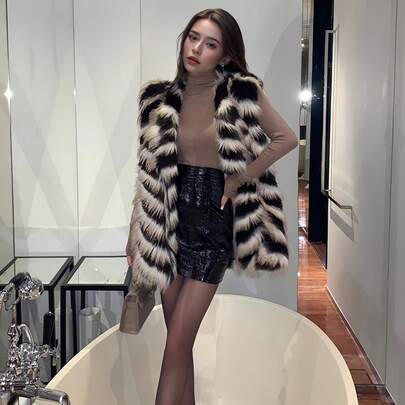 가을 겨울 여성 우아한 시크한 인조 모피 조끼 코트 패션 새로운 겉옷 파티 퍼지 재킷 캐주얼 생일 외출 푹신한 코트 여성 의류