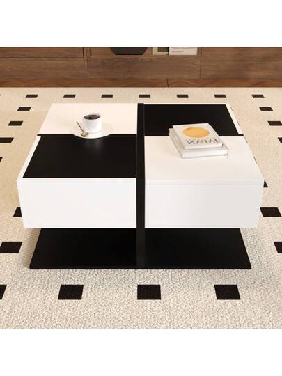 Moderne Coffee Tafel Zwart Wit 70*70*35.5 Drawers, Square Living Room Storage Space, High Gloss Zachte Drawer Rails view 3