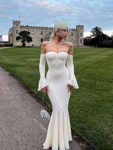 1pc Solid Color Lace Off-Shoulder Elegant Fitted Cocktail Party Wedding Dress, Valentine's Day Spring - Apricot - View 4