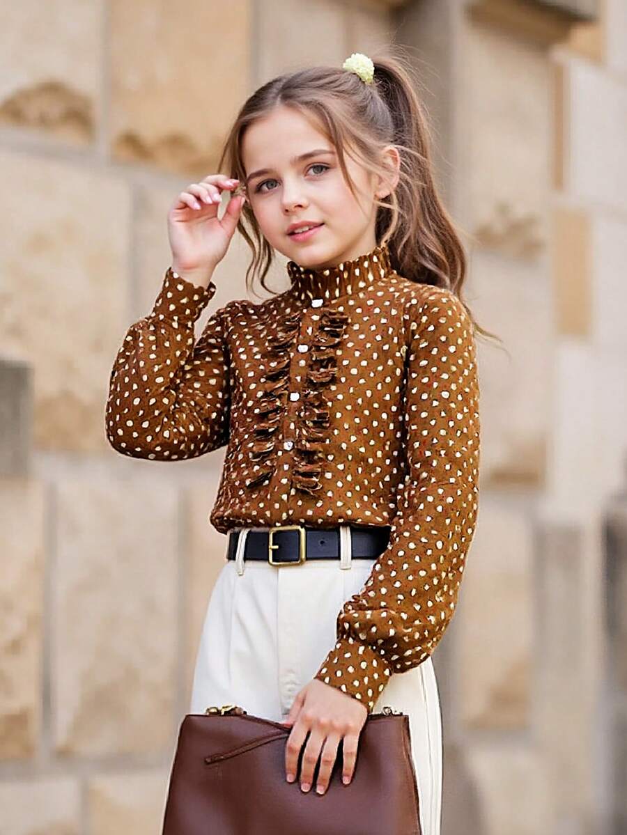 Girls' Polka Dot Long Sleeve Blouse, Ruffled Collar + Subtle Puff Sleeves, Wrinkle-Resistant Chiffon, Fashionable & Minimalist, Suitable For Spring & Autumn