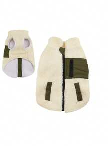 1pc Beige Fleece Lambswool Zipper Pocket Patchwork Pet Jacket Suitable For Cats/Small Dogs Autumn Winter Outdoor Warm Coat - Beige - View 13