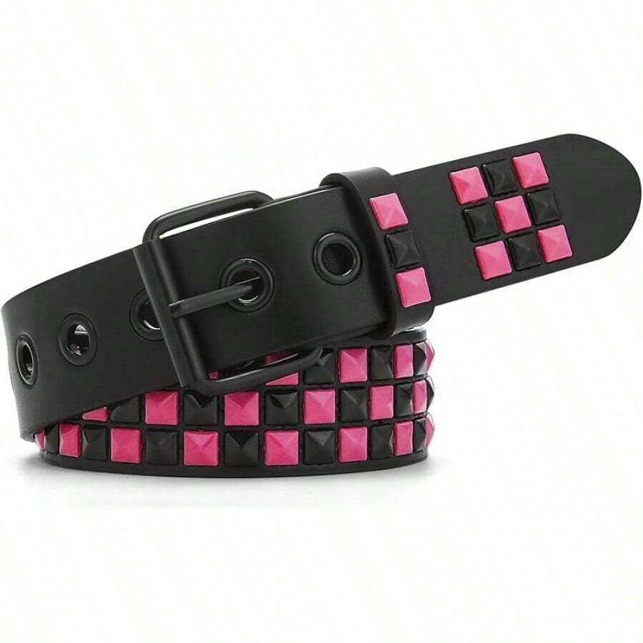 Studded Metal Punk Rock Belt With Bright Pyramid Rivets - Màu hoa vân anh - Xem 1