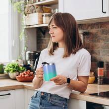 Volhoply - Taza de café con asa de acero inoxidable y aislamiento hermético, con tapa corrediza y popote, mantiene el frío y el caliente, tazas de campamento, 2 piezas, 355 ml, blanco - Violeta Verde - Ver 8