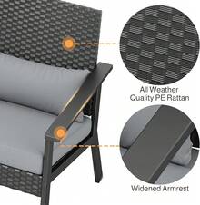 3-Piece Wicker Small Outdoor Patio Furniture Set With Glass Table For Balcony, Porch, And Garden (Gray) - 灰色 - 查看 6