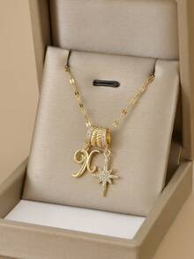 1 件时尚方晶锆石几何不锈钢女士项链，适合日常佩戴，饰有海星、贝壳、足迹、八瓣花、蝴蝶、莲花、八角星、向日葵、硬币徽章、金色珠宝、高品质镀金项链、女士黄金配饰、万圣节礼物、圣诞节礼物