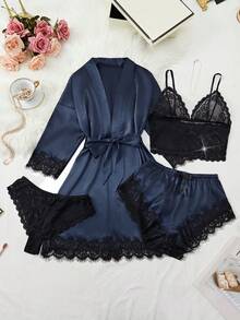 5-Piece Women's Satin Pajama Set - Floral Lace Camisole & Panties + Bow Shorts + Belted Robe - Luxury Sleepwear & Loungewear - Royal Blue - View 1
