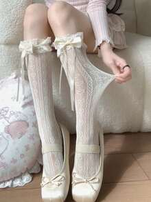 1双白色蕾丝洛丽塔过膝袜，女性化荷叶边中筒袜，日式连裤袜，洛丽塔风格，舒适袜子