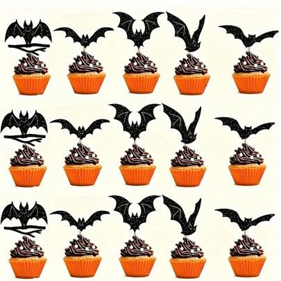 24 Pcs Halloween Cupcake Toppers, Halloween Bat Cake Decorations, Halloween Cupcake Decorations, Black Glitter Bat, Halloween Cupcake Picks For Halloween Theme Party, Bat Birthday For Halloween,Christmas Event & Party Supplies