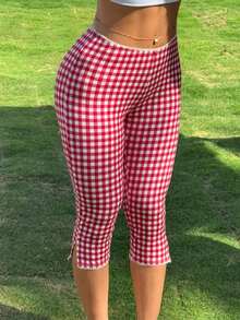 Women's Retro Skinny Fit Gingham Capri Pants With Delicate Lace Trim Side Slit Comfortable Cropped Trousers For Casual Daily Outfits - 紅色 - 查看 2
