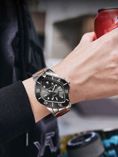 ساعة يد رجالية كوارتز عصرية متعددة الاستخدامات، مع سوار ديكوري وتقويم، تصميم فينتاج وأنيق