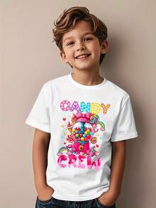 Candy Crew Squad Merry Christmas Kids Matching T-Shirts - Fun Graphic Tee With Candy Cane & Gingerbread Children, White Casual Crew Neck Tops For Boys & Girls, Perfect For Holiday Celebrations, Christmas T Shirts - White - View 4