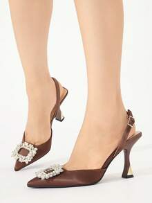 Zapatos de tacón alto con punta cerrada y decoración de rhinestones de unicolor, elegantes y cómodos, adecuados para fiestas, banquetes, citas, reuniones, vestidos formales, para primavera/verano/otoño/invierno. Tacones altos de oficina de satén color café oscuro, elegantes - Café integral - Ver 4