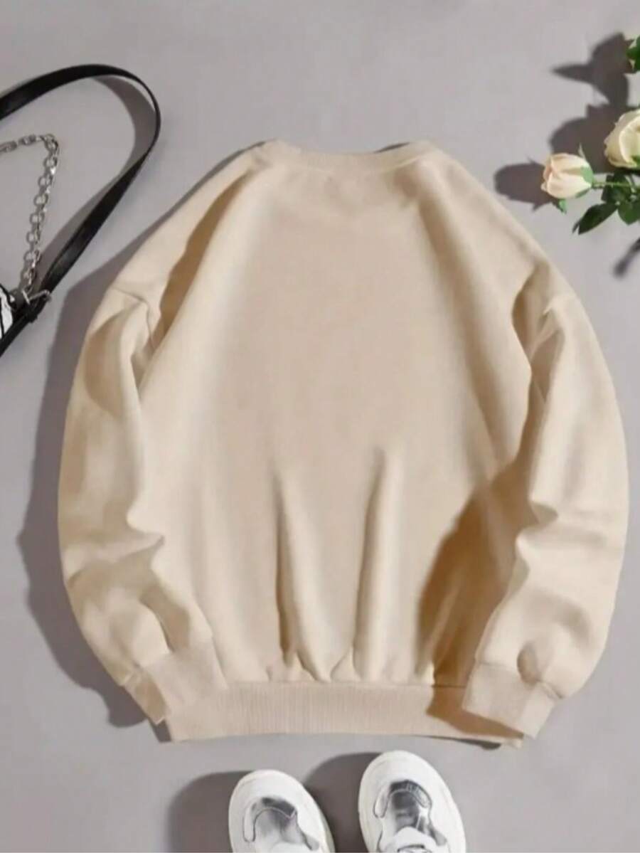 Crew Neck Sweatshirt, Plain Print, Winter Fashion, Old Money Unisex, Women's/Men's - 米色 - 查看 1