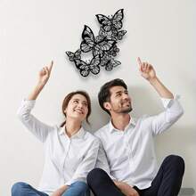 Artă murală metalică cu fluturi - Sculptură elegantă din fier alb-negru, design delicat cu frunze, potrivită pentru decorul casei în interior/exterior, aplicabilă în sufragerie, bucătărie, grădină, decorațiune de perete pentru birou, decor cu fluturi - Negru - Vizualizare 8