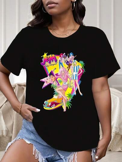 Women's Regular Size Graphic T-Shirt - Vibrant "JeM" Design With Stars & Rainbow Colors, Casual Short Sleeve Round Neck Top For Home, Outdoor, Party, Sports & Work