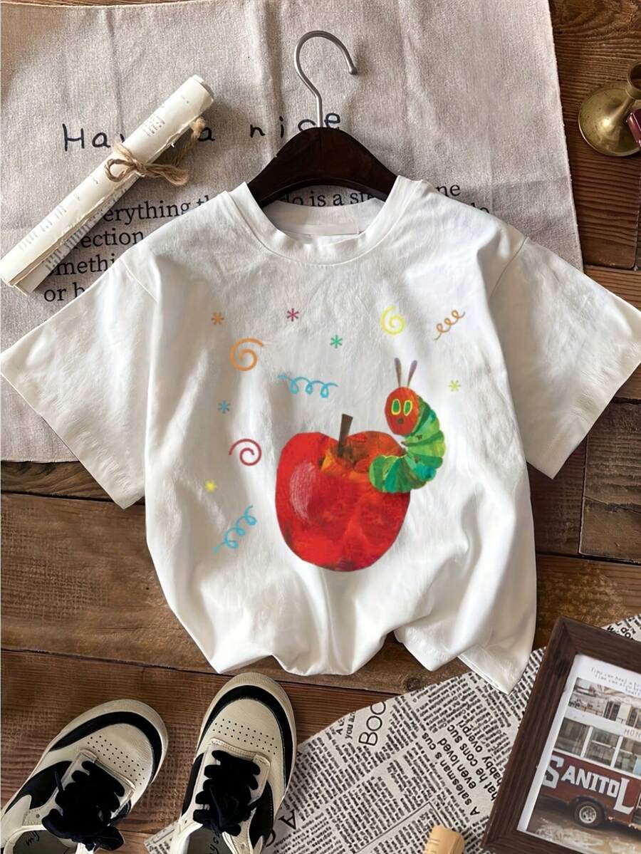 Men'S Casual Crew Neck T-Shirt With Vibrant Apple &Amp; Caterpillar Design - Black 100%Cotton, Short Sleeve, All-Season Wear, Casual Attire|Playful Graphic Tee|Knit Construction - 白色 - 查看 1