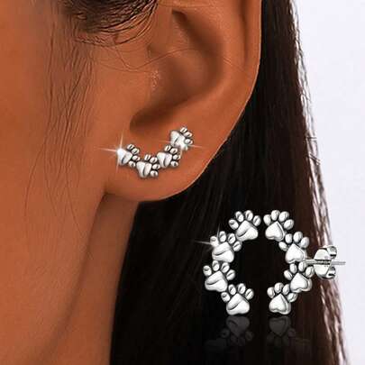 S925 Sterling Silver Vintage Unique Patchwork Dog Paw Women's Earrings, Lucky Earrings, Mother's Love Gift, Retro Style, Suitable For Daily, Party, Holiday, Valentine's Day, Halloween, Easter, Comes With Gift Box