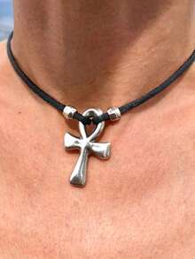 1 buc colier clasic cu cruce la modă, colier cu pandantiv din piele și metal argintiu, stil gotic, potrivit pentru petrecere, cadou de ziua de naștere, purtare zilnică